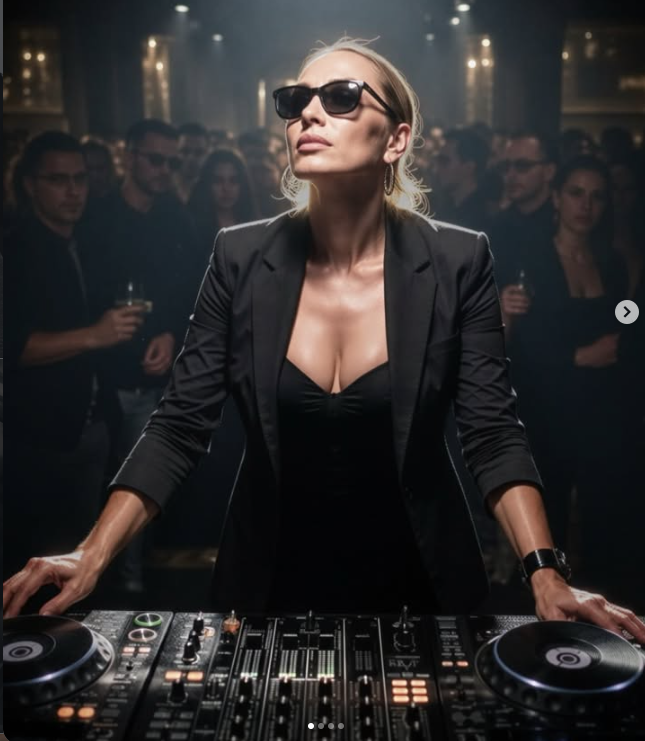 Ilka Lichi wearing sunglasses behind a DJ setup